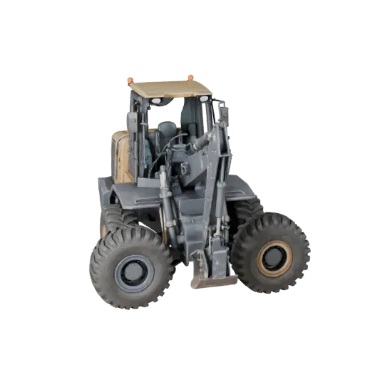 3D модель колесного погрузчика, вид в три четверти в студии, готовый для Blender актив с геометрией стрелы, объемом кабины, п