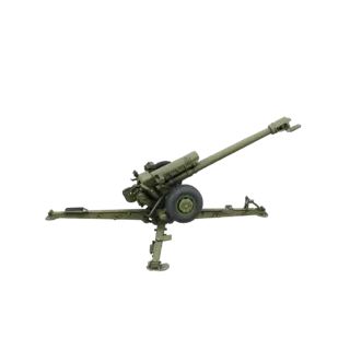 3D модель артиллерийской установки M101A1, показана в оливково-зеленом цвете с поднятым стволом и развернутыми стабилизирующи