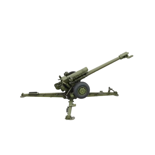 3D модель артиллерийской установки M101A1, показана в оливково-зеленом цвете с поднятым стволом и развернутыми стабилизирующи