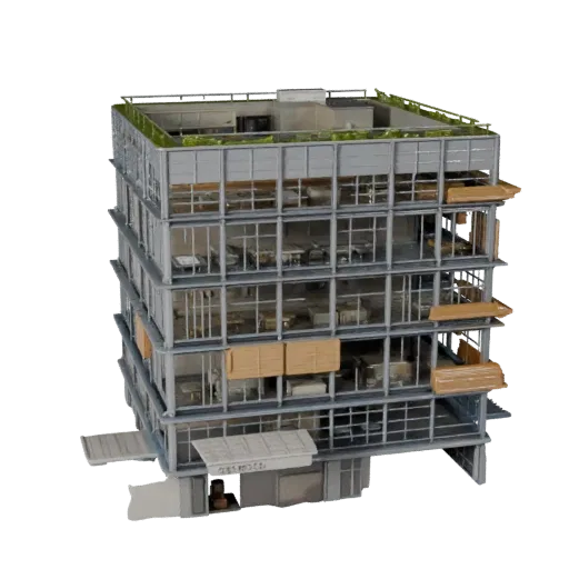 Реалистичная 3D модель Startup Hub Office, вид с трех четвертей снаружи, показывающий материалы коммерческого офисного здания