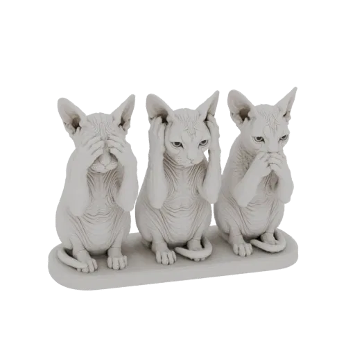 3D модель трех белых сфинксов, сидящих в ряд на подставке, каждый прикрывает глаза, уши или рот.