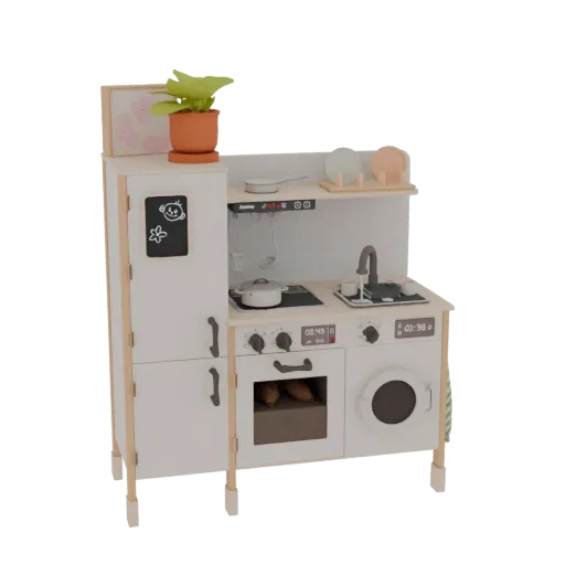 3D модель игрушечной кухни из белого дерева с плитой, раковиной, духовкой, стиральной машиной и аксессуарами.