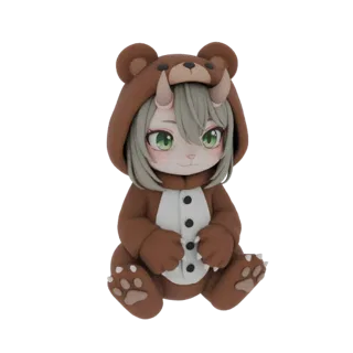 3D model of a cute chibi character with green eyes and small horns, wearing a brown bear pajama onesie with paw details, sitt
