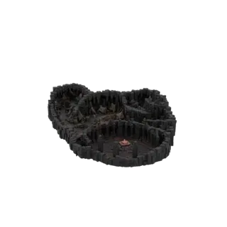 3D модель тёмной сцены подземелья с центральным каменным алтарём, окружённым высокими колоннами и скалистой местностью, с вид