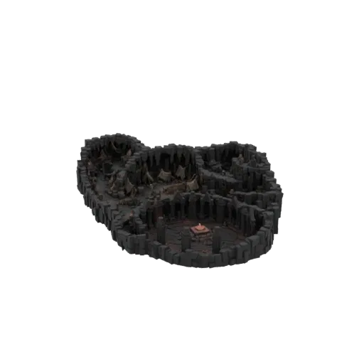 3D модель тёмной сцены подземелья с центральным каменным алтарём, окружённым высокими колоннами и скалистой местностью, с вид