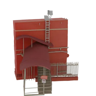 3D модель здания из красного кирпича с бордовым крытым входом, лестницей и декоративным металлическим забором.