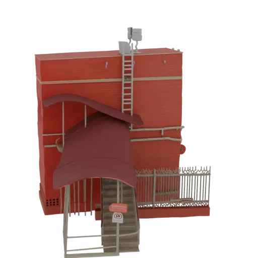 3D модель здания из красного кирпича с бордовым крытым входом, лестницей и декоративным металлическим забором.