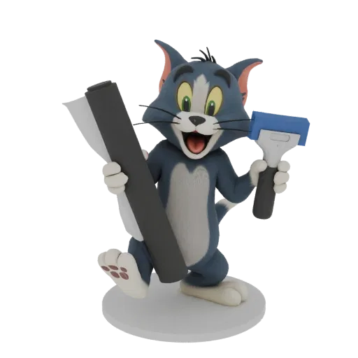 3D модель кота Тома из Том и Джерри с рулоном обоев и инструментом для разглаживания, стоящая на круглом основании.