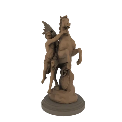 3D модель классической скульптуры Пегаса, крылатого коня, с Беллерофонтом верхом, на скалистом основании.