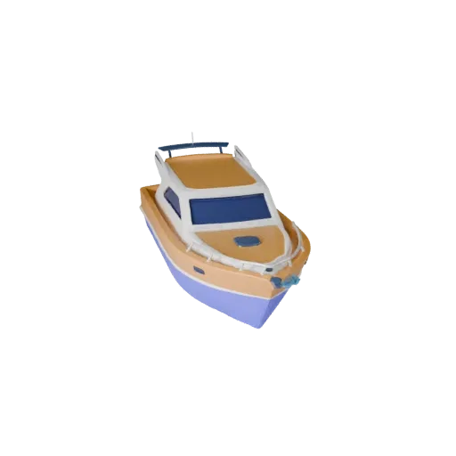 3D-модель мультяшной яхты, вид в три четверти в студии, стилизованный актив транспортного средства с формой корпуса, планиров