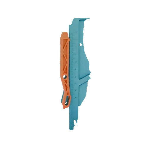 3D-модель сине-оранжевого регулируемого шаблона для копирования контуров со встроенной линейкой, показывающая его взаимосвяза