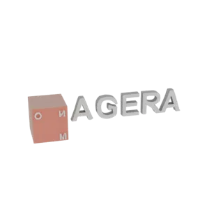 3D-рендер логотипа AGERA: красно-коричневый куб с рельефными буквами 'O', 'M', 'H' и серебристым текстом 'AGERA'.