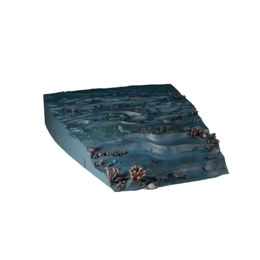 Высокополигональная 3D-модель Биома Кораллового Рифа, кинематографический рендер крупным планом, показывающий слои рельефа, к