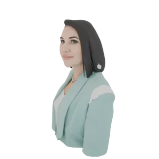 3D модель элегантной женщины в бирюзовом блейзере и жемчужном ожерелье, вид сбоку.