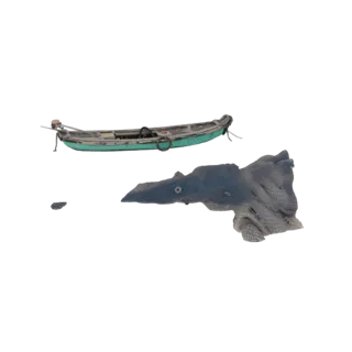 Рендер 3D-модели винтажной бирюзовой лодки, плывущей по воде рядом с детализированным фрагментом коралла.