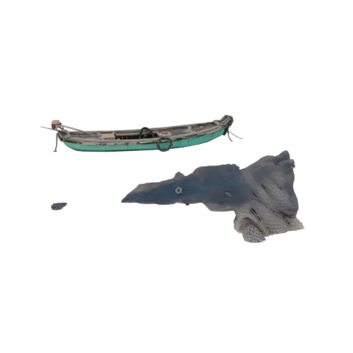 Рендер 3D-модели винтажной бирюзовой лодки, плывущей по воде рядом с детализированным фрагментом коралла.