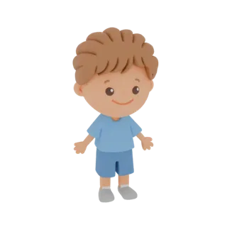 3D рендер милого мультяшного мальчика с каштановыми волосами, в синей футболке и шортах, стоящего с немного отведенными рукам