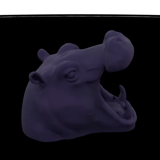 3D модель фиолетовой головы бегемота с широко открытым ртом, демонстрирующая зубы и агрессивное выражение.