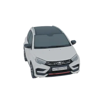 3D модель белой Lada Granta Cross с черной крышей, вид спереди в три четверти.
