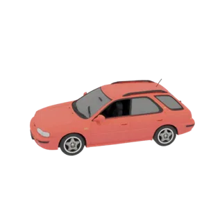 3D-модель кораллово-красного Subaru Impreza WRX Wagon, вид с трехчетвертного ракурса.