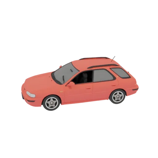 3D-модель кораллово-красного Subaru Impreza WRX Wagon, вид с трехчетвертного ракурса.
