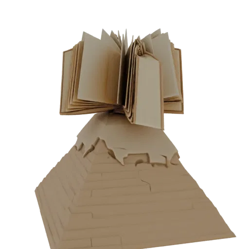 3D модель песчаной древней пирамиды с открытой книгой наверху на белом фоне.