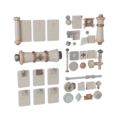 Низкополигональная 3D-модель набора рыночных свитков, вид в игровом окне три четверти, показывающий бумажные карточки, детали