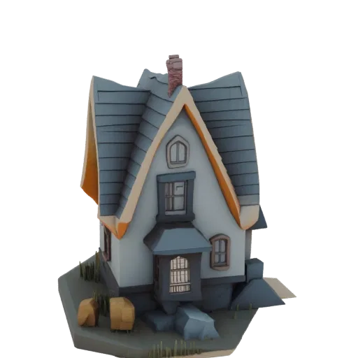 3D модель сказочного домика с крутой синей крышей, оранжевой отделкой, кирпичным дымоходом и эркерным окном, на небольшом тра