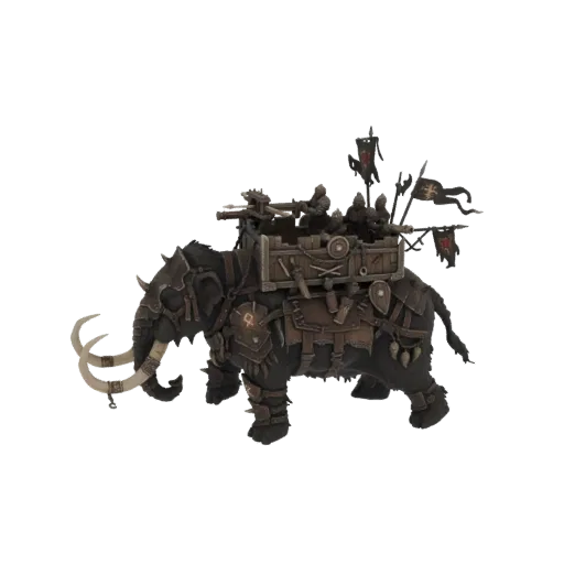 3D модель темно-коричневого боевого мамонта с большими бивнями, несущего деревянную боевую повозку с воинами и знаменами, на белом фоне.