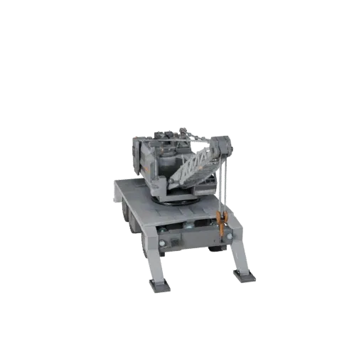 Низкополигональная 3D-модель мобильного крана, вид в игровом окне в три четверти, низкополигональный актив транспортного сред
