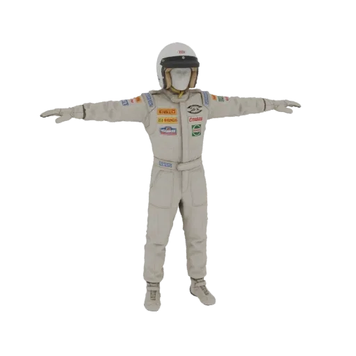 3D модель белого гоночного костюма со шлемом и перчатками, в позе с вытянутыми руками.
