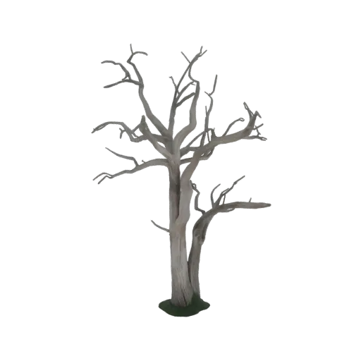 3D модель корявого, безлистного сухого дерева с текстурированным стволом и основанием, покрытым зеленым мхом.
