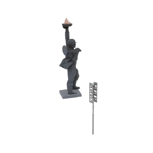 Рендер 3D модели Статуи Свободы в образе солдата с факелом, рядом небольшой указатель.