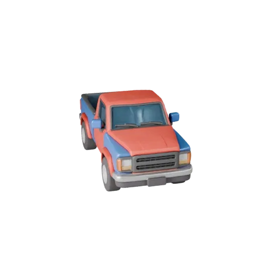 Мультяшная 3D-модель пикапа, вид в три четверти в студии, стилизованный актив транспортного средства с рабочей массой, удобны