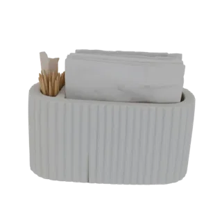 3D модель белого овального футляра с каннелюрами, содержащего зубочистки и сложенные салфетки, на белом фоне.