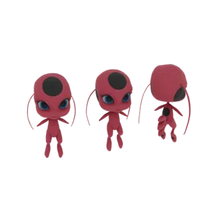 3D model of Tikki, the Kwami from Miraculous Ladybug, shown from three different angles against a white background.