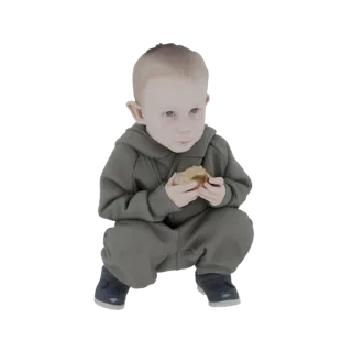 3D модель маленького малыша, присевшего, держащего печенье в руках, с нейтральным выражением лица.