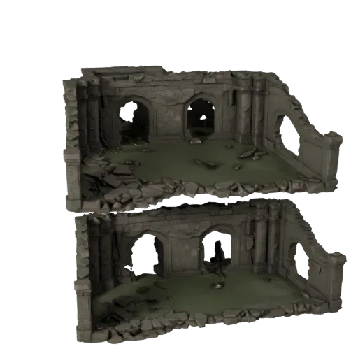 Реалистичная 3D-модель затопленного интерьера руин, рендер окружения в три четверти, показывающий состаренный камень, остатки