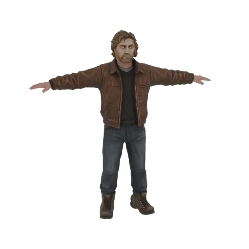 3D модель мужчины с каштановыми волосами и бородой, в коричневой куртке и джинсах, в T-pose.