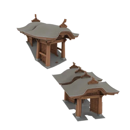 3D модель традиционных японских ворот Карамон с изогнутой черепичной крышей и деревянными столбами на белом фоне.