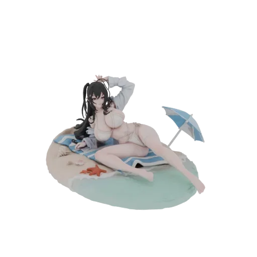 3D модель пляжной девушки в бикини, отдыхающей на покрывале с маленьким зонтиком и морской звездой.