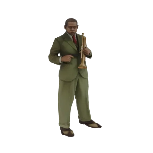 3D модель Луи Армстронга, джазового музыканта, в зеленом костюме с трубой.