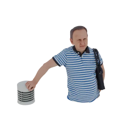 3D-модель мужчины в полосатой рубашке, опирающегося на метеостанцию, с сумкой через плечо.