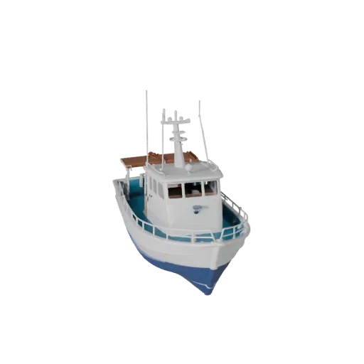 3D-модель рыболовного судна, вид в три четверти в студии, готовый для Blender актив транспортного средства с формой корпуса,
