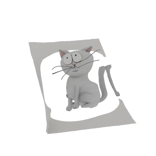 3D рендер белого мультяшного кота с большими глазами, сидящего и смотрящего вперед с слегка наклоненной головой.