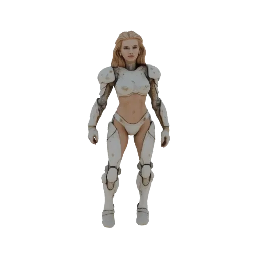 3D модель женщины-воина в белой броне Sci-Fi со светлыми волосами, стоящая на черном фоне.