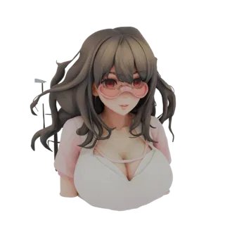 3D model render of an anime girl bust with long brown hair, pink goggles on her forehead, and a pink top.
