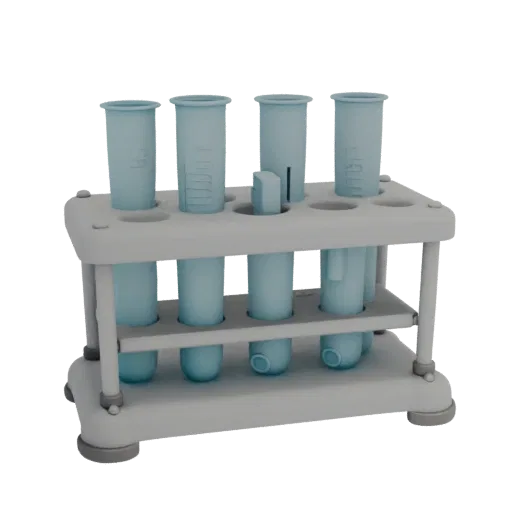 Образовательная 3D-модель стойки для химических пробирок, рендер под углом три четверти для тренировок, показывающий стекло,