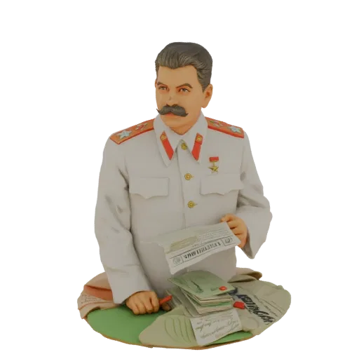 3D модель бюста Иосифа Сталина в военной форме, держащего бумаги и документы на столе.