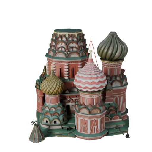 Высокополигональная 3D модель Собора Василия Блаженного, крупный план архитектурного рендера, показывающий материалы достопри